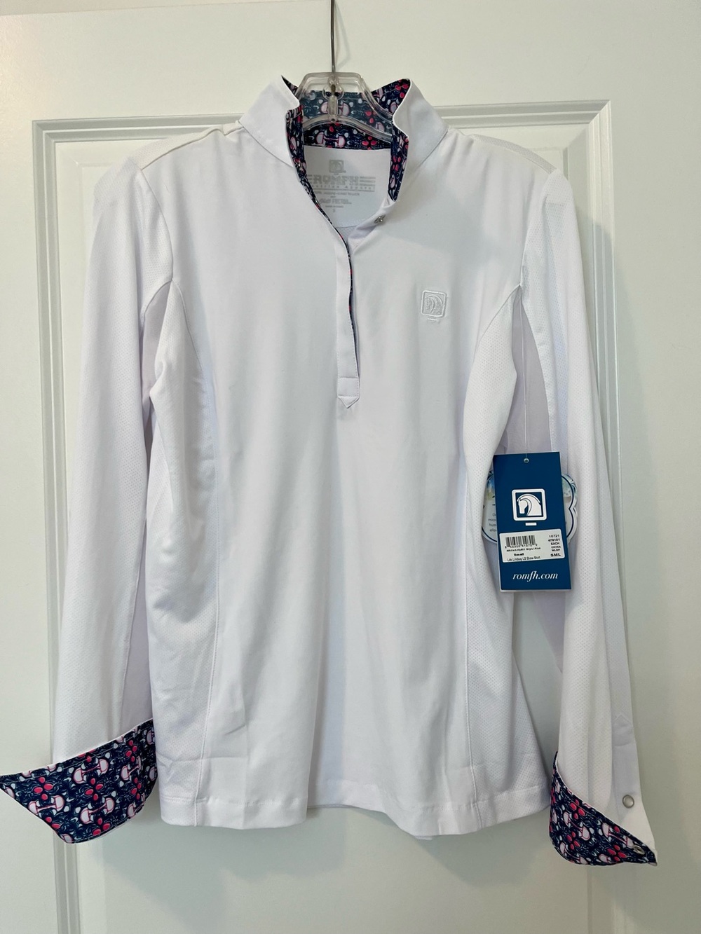 New with Tags - Romfh White Performance Top with Blue and Pink Trim